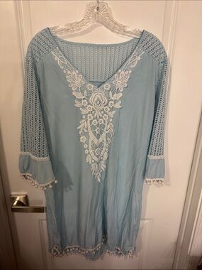 Light Blue Embroidered V-Neck Swim Coverup with Pom-Pom Trim